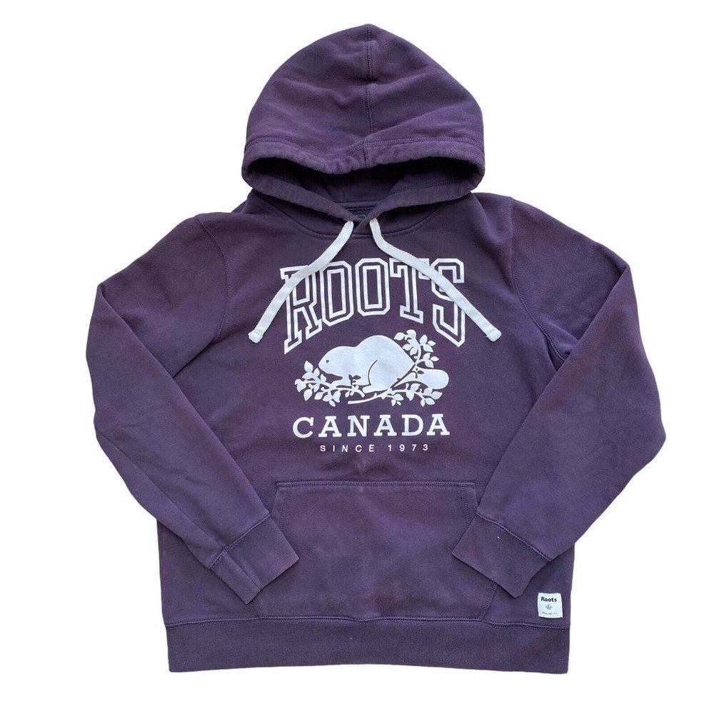 Roots Canada Hoodie Women Medium Pullover Beaver Graphic Sweatshirt Purple